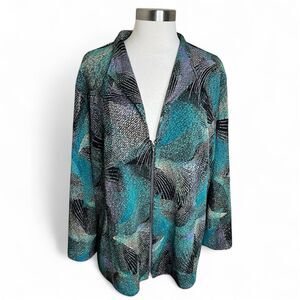 Drapers & Damons Jacket Womens 1X Teal Abstract Stretch Zip Up Collar Artsy